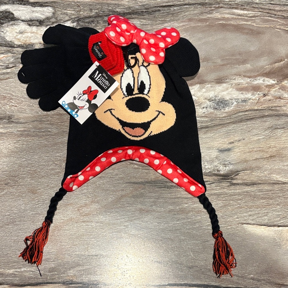 Disney Minnie Mouse Black and Red Polka Dot Hat and Gloves